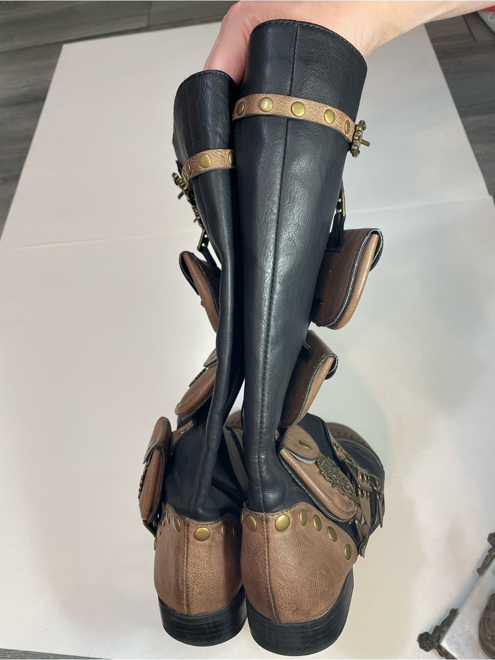 Ellie Black Tan Boots w Pouches & Buckles - Victorian Western Steampunk Cosplay - Picture 5 of 16